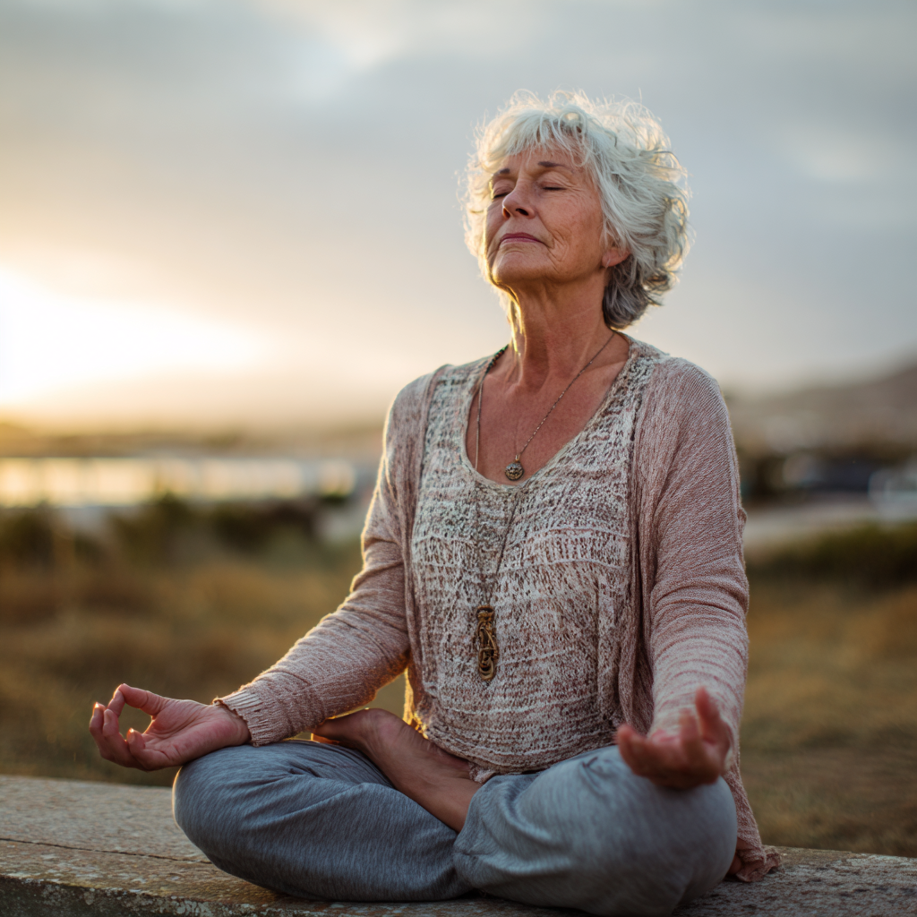 Peaceful mature Ukrainian woman practicing meditation in a serene yoga studio with soft natural lighting, wearing comfortable clothing, sitting in lotus position with a gentle smile