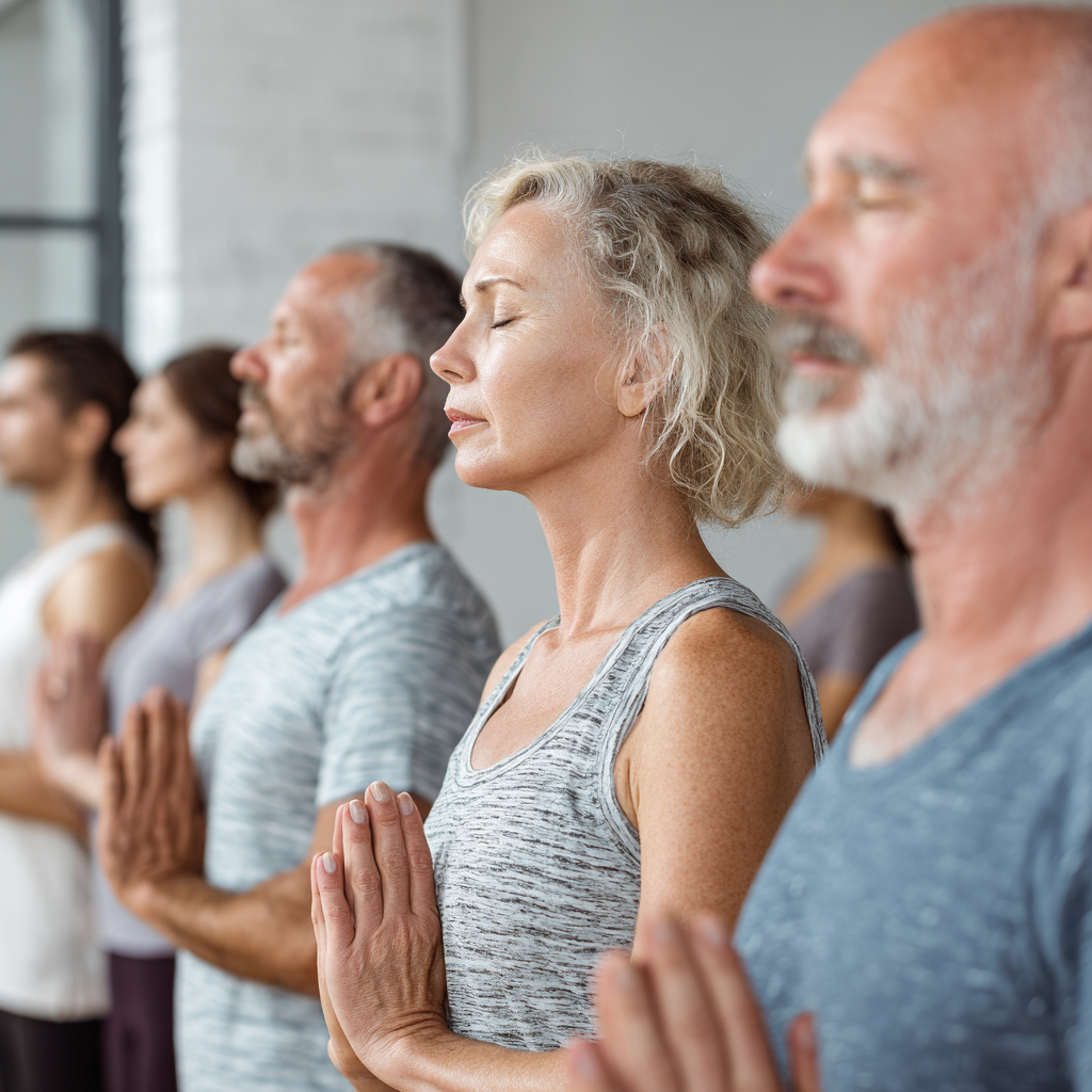 Happy group of Ukrainian seniors (60-75 years old) practicing gentle yoga on mats in a bright, welcoming studio space, showing joy and satisfaction from their practice, diverse group of elderly men and women